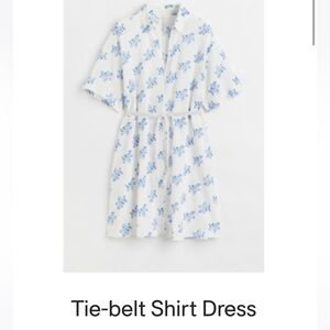 White Shirt Dress with Blue floral print and tie-belt